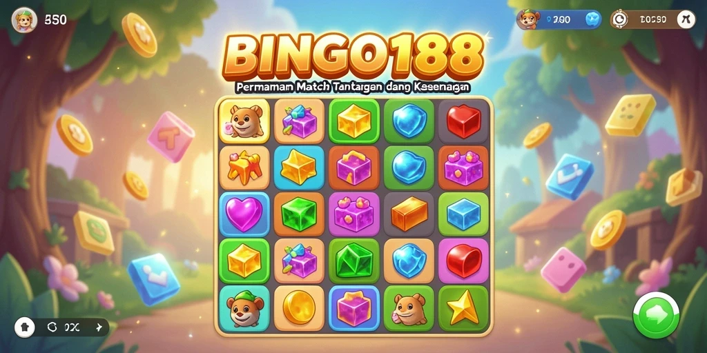 Tampilan gameplay seru BINGO188 dengan elemen Match-3 yang berwarna-warni.
