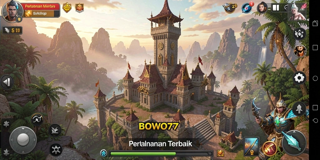 Tangkapan layar utama BOWO77 menampilkan strategi pertahanan menara yang intens.