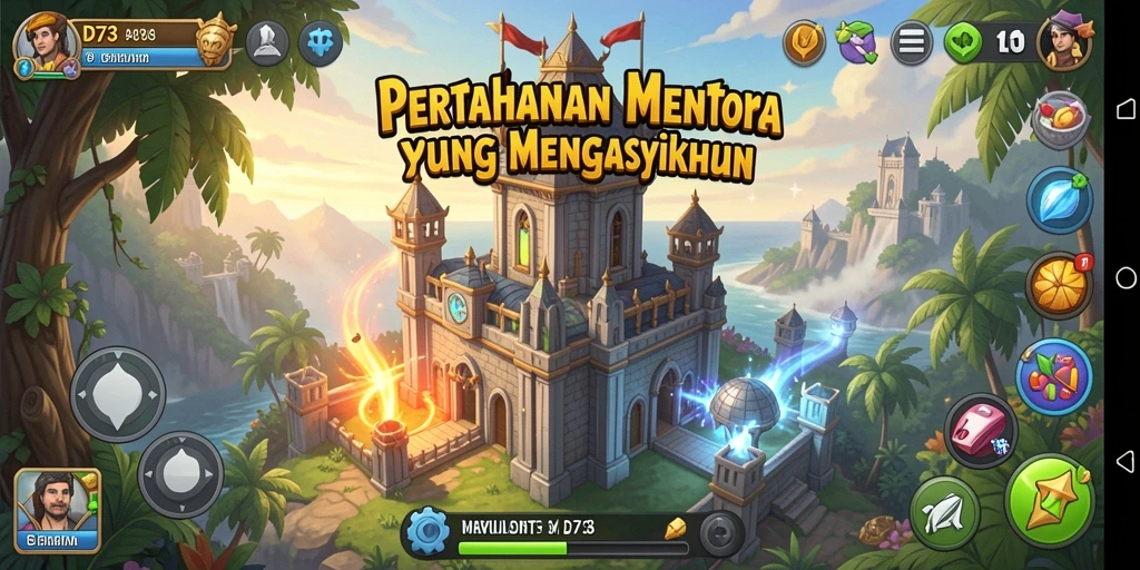 Tangkapan layar utama D73 menampilkan aksi pertahanan menara yang mendebarkan.