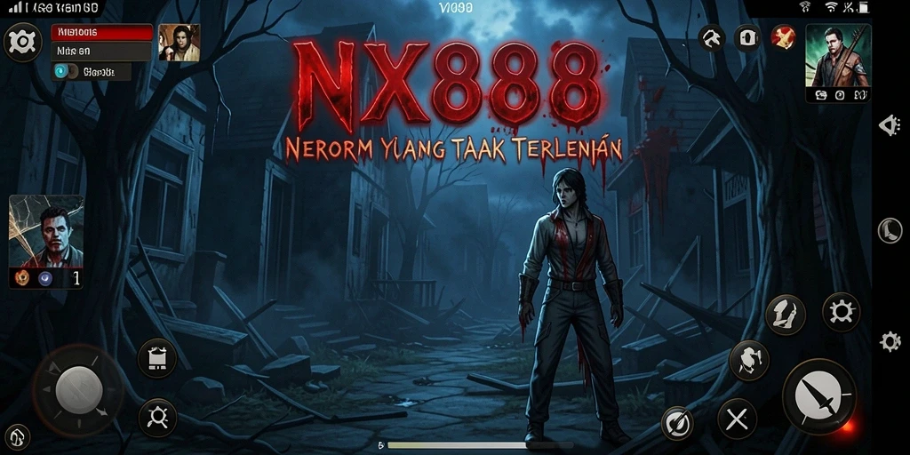 Tangkapan layar gameplay NX888 dengan suasana menyeramkan dan makhluk menyeramkan.
