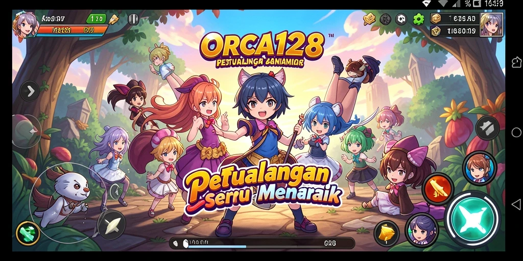 Tangkapan layar gameplay seru ORCA128 menampilkan aksi karakter Anime.