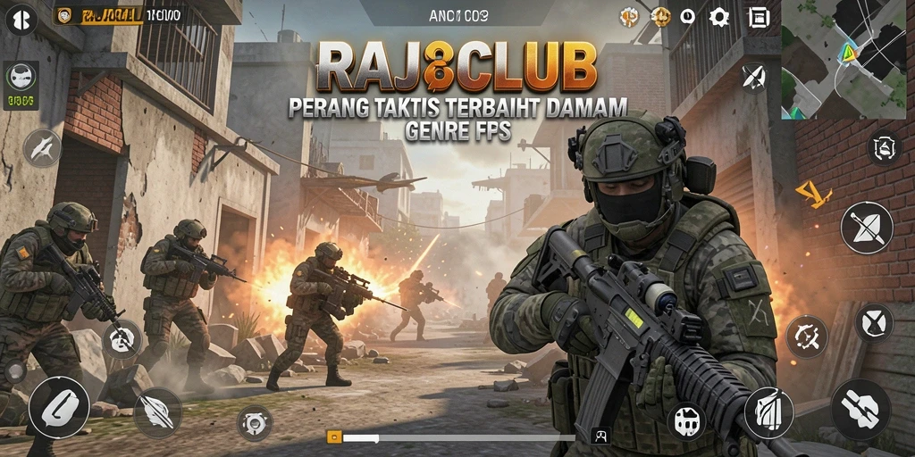 Screenshot gameplay RAJACLUB memperlihatkan aksi intens dalam pertempuran FPS.