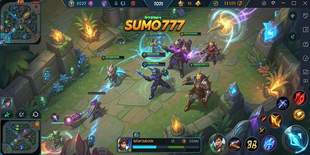 Tampilan gameplay dinamis dalam game MOBA SUMO777.
