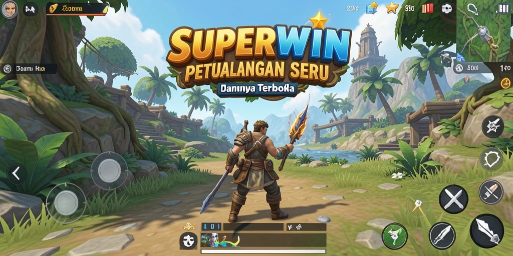 Tampilan gameplay SUPERWIN dengan petualangan seru di dunia terbuka.