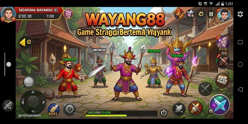 Tangkapan layar menunjukkan karakter wayang dalam pertempuran strategis.